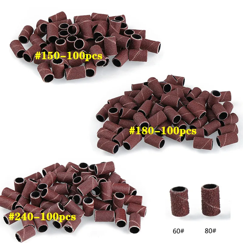 UMECOLOR 100pcs 80# 120# 150# Mounted Cylindrical Grinding Heads Abrasive Sleeves Sanding Bands For Nail Drill Manicure Tools