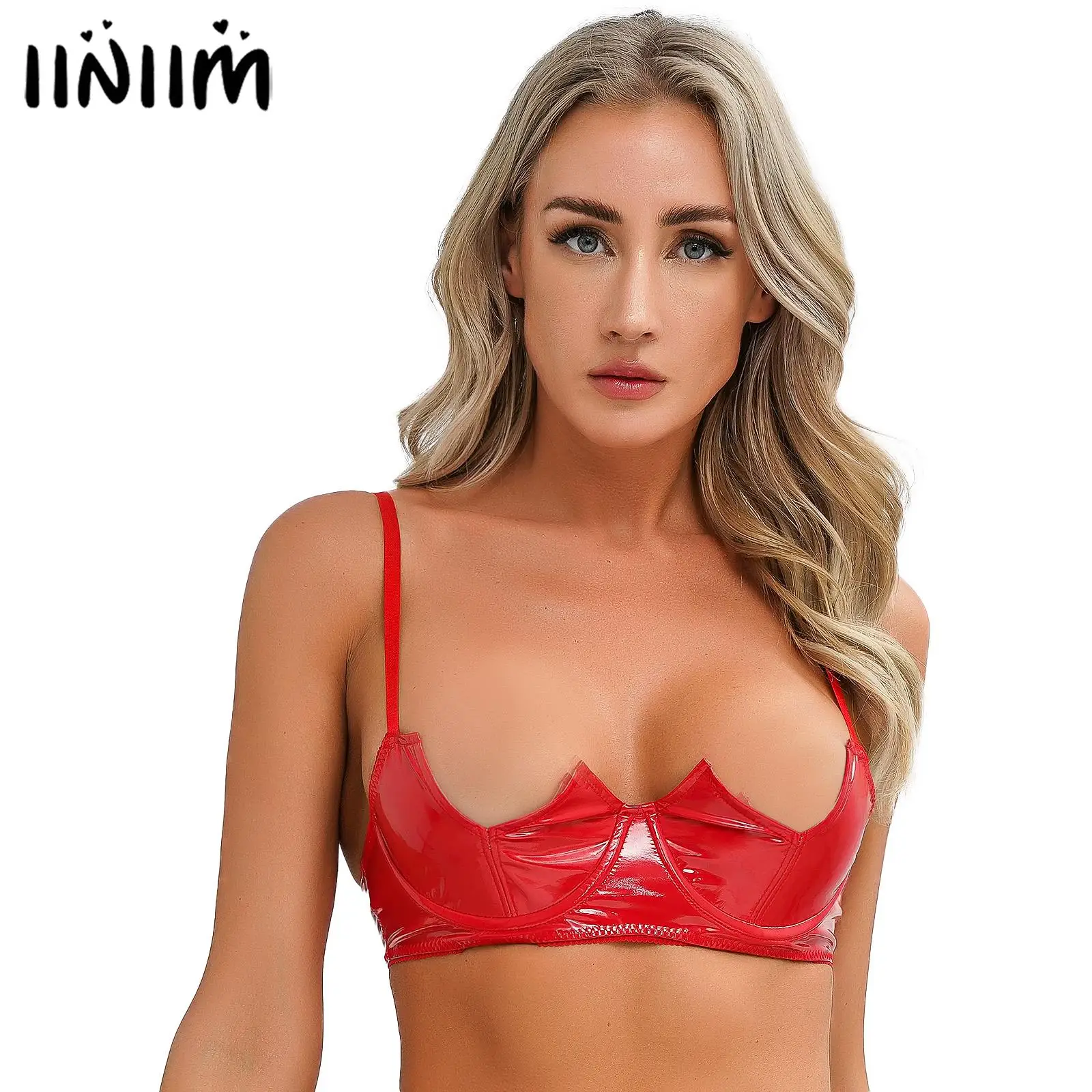 Sexy Womens V-Notch Underwired Cups Bra Tops Lingerie Underwear Wet Look Patent Leather Adjustable Spaghetti Straps Brassiere