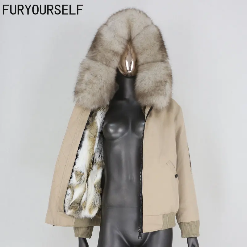 

FURYOURSELF 2023 Waterproof Bomber Parka Real Rabbit Fur Coat Natural Fox Raccoon Fur Collar Hood Winter Jacket Women Removable