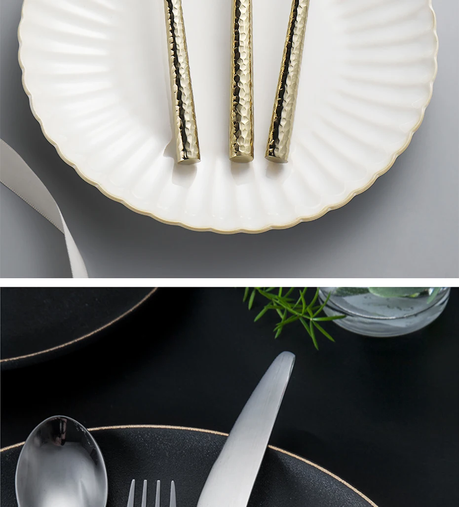 Description Picture 4 of itemKitchen Tableware Cutlery Set Silver Hammered Stainless Steel Luxury Dinnerware Fork Spoon Knife Western Dinner Set Gold