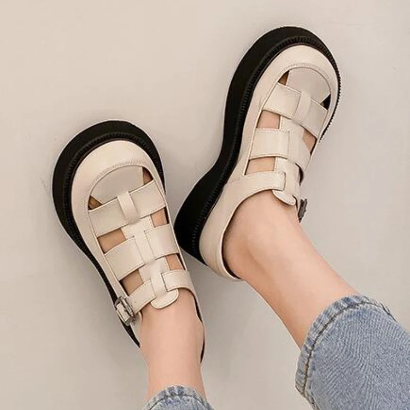 

Baotou Sandals Women's Summer 2024 New Soft Leather Comfort Shoes College Style Hollow Out Leisure Thick Soled Roman Sandals