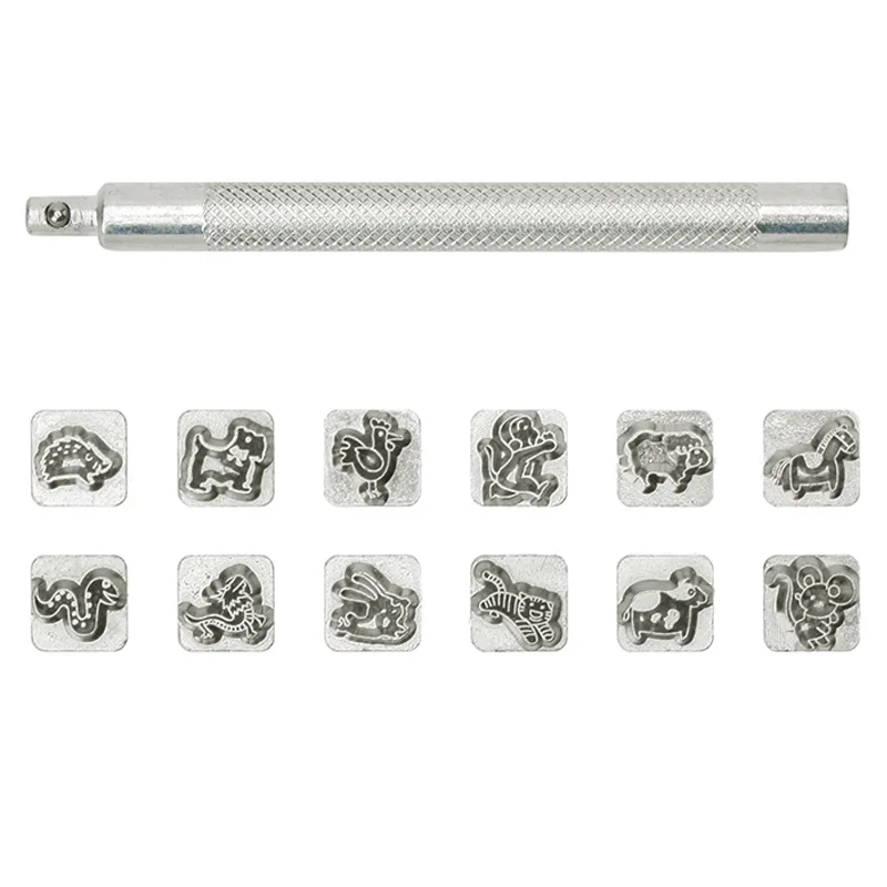 12 Stamps Zodiac Grass Constellation Animal Steel Die Leather Stamping Kit DIY Leather Wood Rubber Stamp Embossing Tool