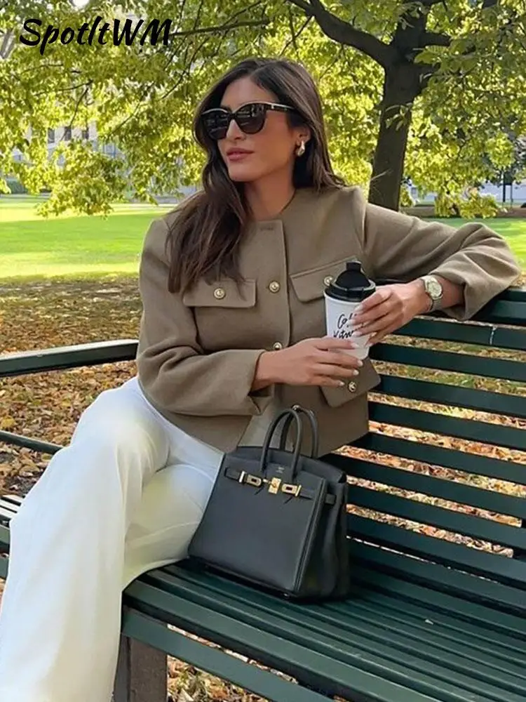 

Women Elegant Solid Tweed Jacket 2023 Autumn Long Sleeve Button Frayed Cropped Jackets Female Fashion Street Chic Pocket Coats