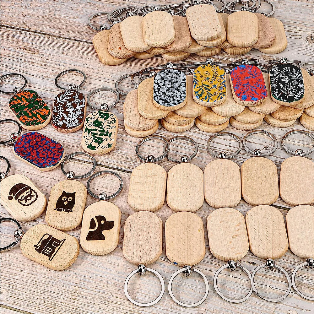50pcs Blank Wood Keychains for Personalized Crafts Unfinished Rectangular Wood Key Tag Blanks DIY Key Chains