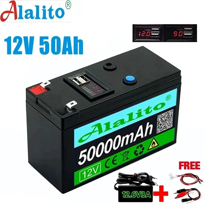 

12V Battery 50Ah 18650 lithium battery pack Rechargeable battery for solar energy electric vehicle battery+12.6v3A charger