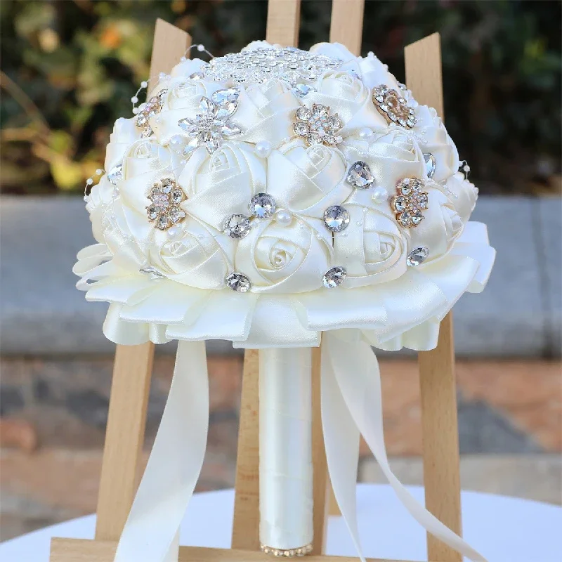 1pc Luxury Handmade Bouquet for Wedding Rhinestone Jewelry Decorated Ribbon Rose Flower Bridal Flower Party Decorations
