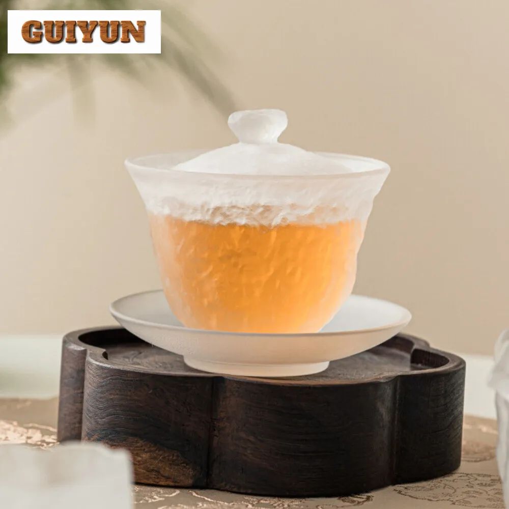 120ml Chinese Frosted White Glass Gaiwan Zen Anti Scalding Tea Tureen Tea Brewing Cover Bowl Azure Stone Ceremony Ornaments