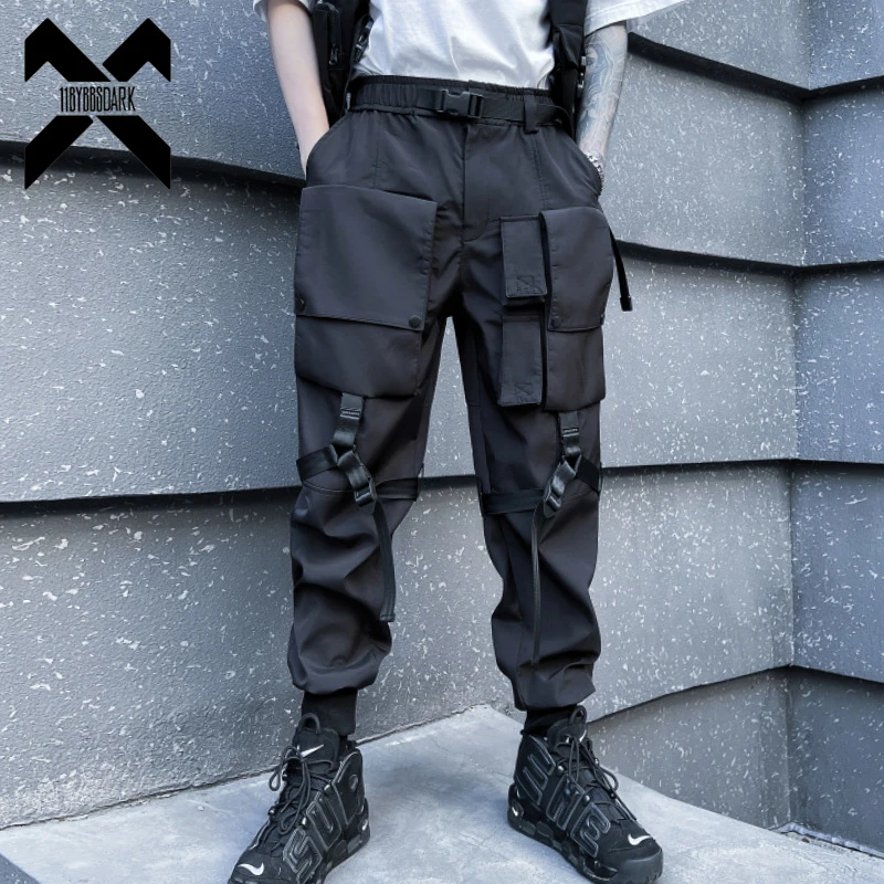 

Hip Hop Tactical Cargo Pants Men Multi Pocket Ribbon Design Joggers Trousers 2023 Spring Functional Elastic Waist Pant