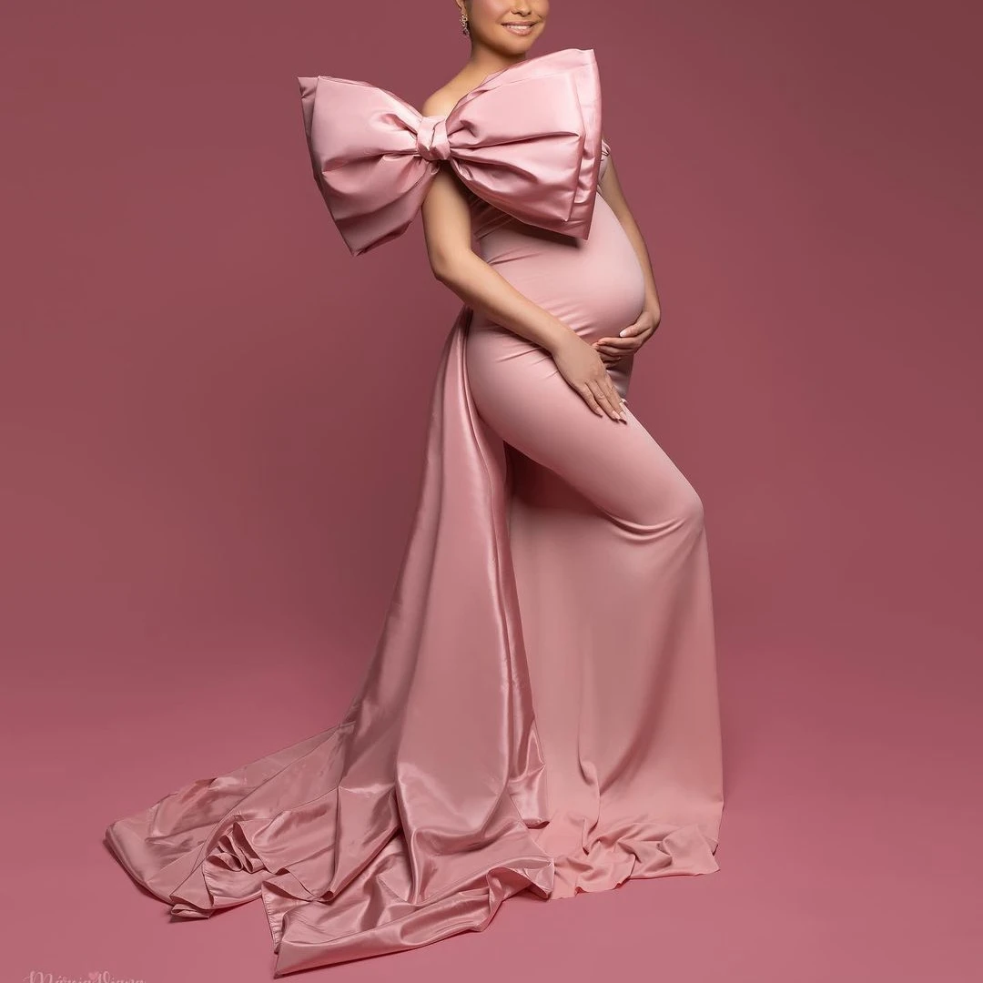 custom Pink Bow Wedding Maternity Dress for Photoshoot Plus Size
