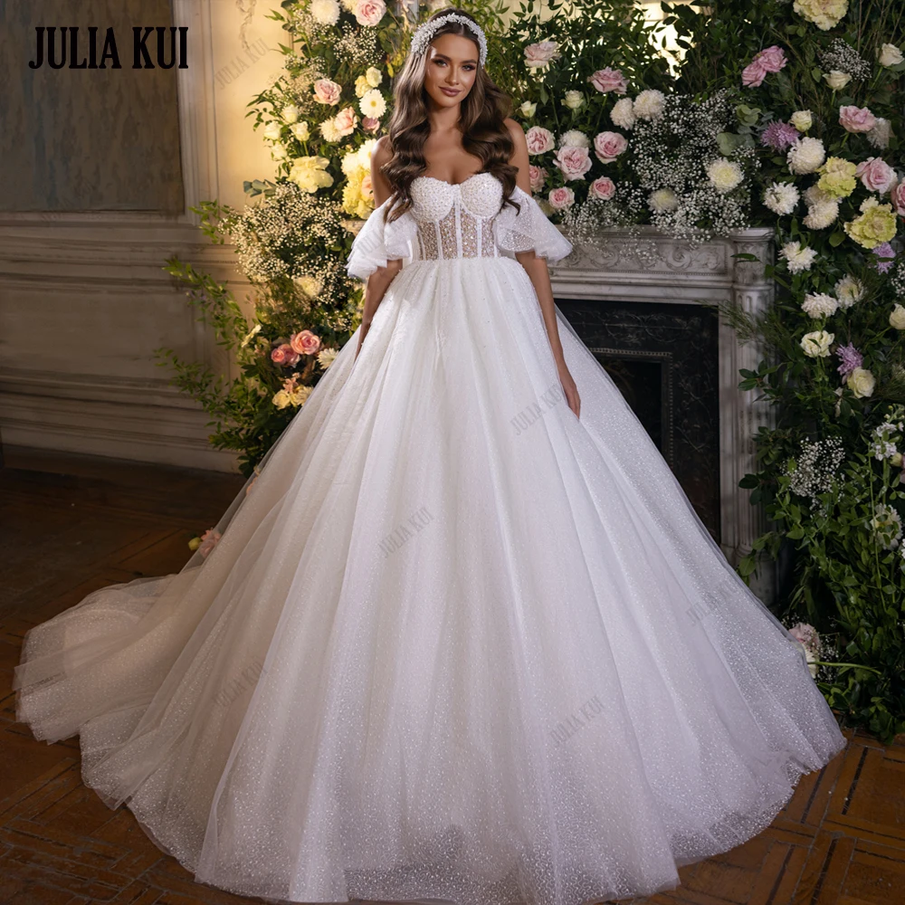 

Julia Kui Elegant Wedding Dresses Beading Pearls Sequined Of Top Off Shoulder Sleeves Sweetheart Bridal Gowns Vestido De Noiva