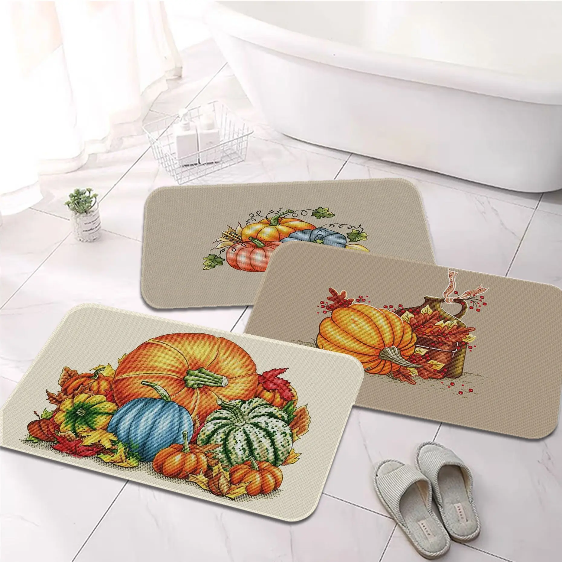 

Осенний фланелевый напольный коврик с принтом тыквы, декоративный ковер для ванной, нескользящий коврик для гостиной, кухни, Придверный ков...