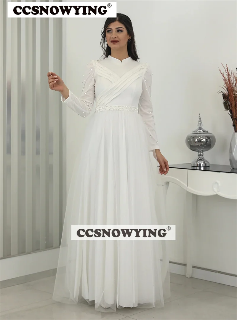

Elegant Chiffon White Evening Dresses Pearls Long Sleeve O-Neck Women Formal Party Gown Appliques Arabic Kaftan Robe De Soiree