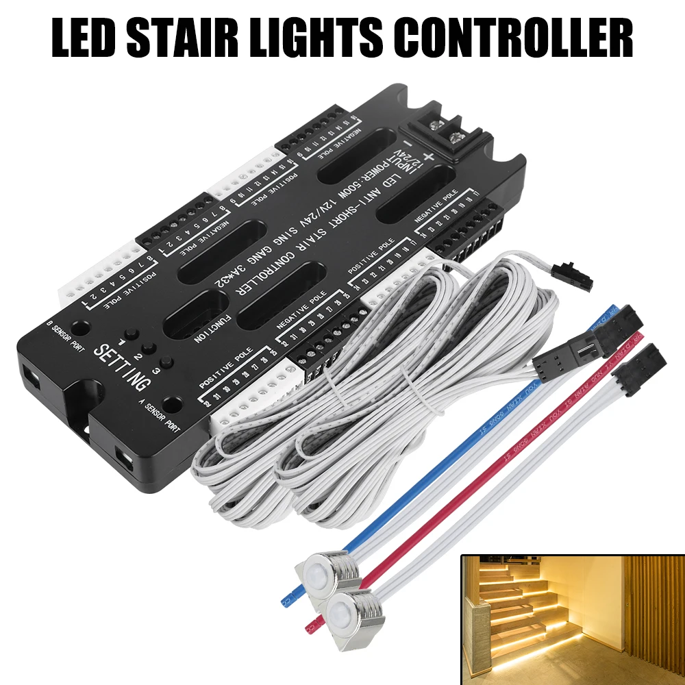 LED Motion Sensor 32 Channels Stair Light Controller Kit Adjustable Brightness DC 12V 24V For Stairs Flexible Strip