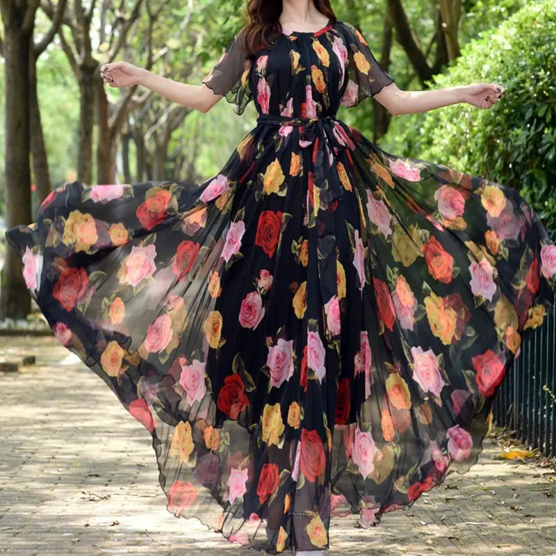 Summer Fashion Maxi Dress Women's Flowers Print Holiday Boho Plus size  Floral Chiffon Party Dresses loose Elegant Robe Vestidos