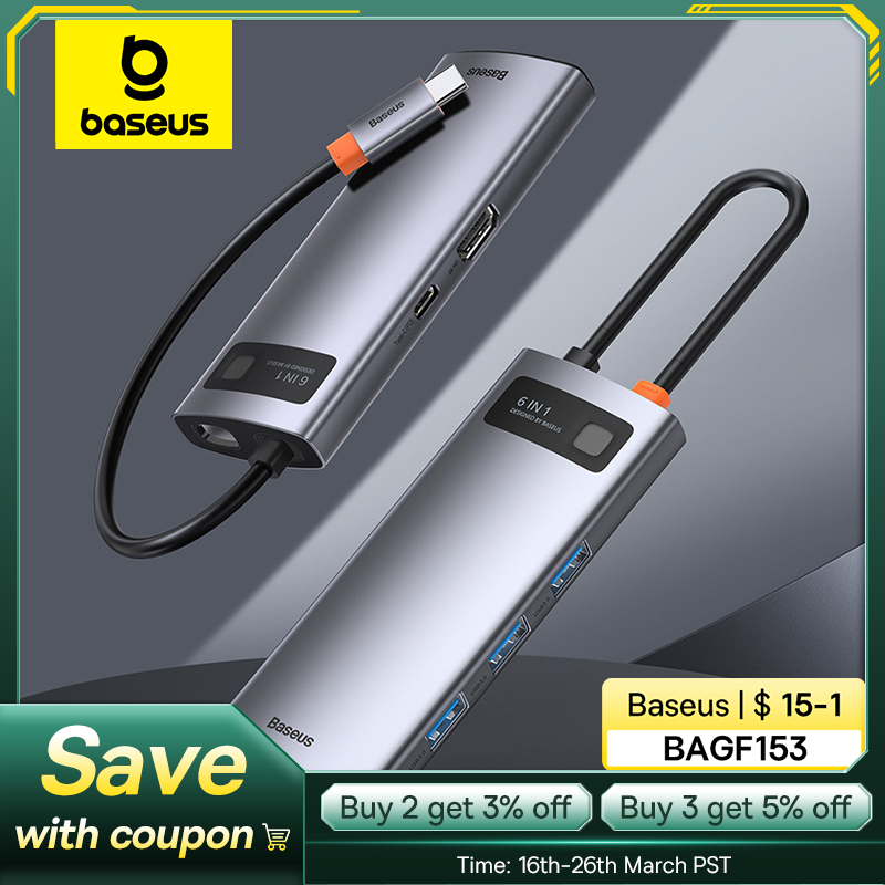 ãLimited Offer for Korean CustomersãBaseus 6-in-1 Type-C HUB to HDMI 4K 100W PD Fast Charging USB 3.0 RJ45 Docking Station HUB