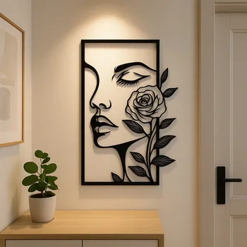 1pc Woman Flower Metal Wall Art Decor Modern Home Gift Aesthetic Portrait Face Outline Bedroom Room Decor 1