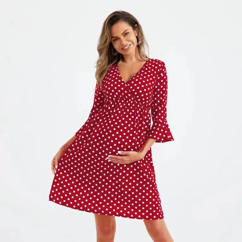 Summer Fashion High Quality Comfortable Trendy Breastfeeding Long Dress with Mid Sleeve Dots Pregnant Women's V-neck Dress 5 S0430fee049c84b998afc754326b8d29dY