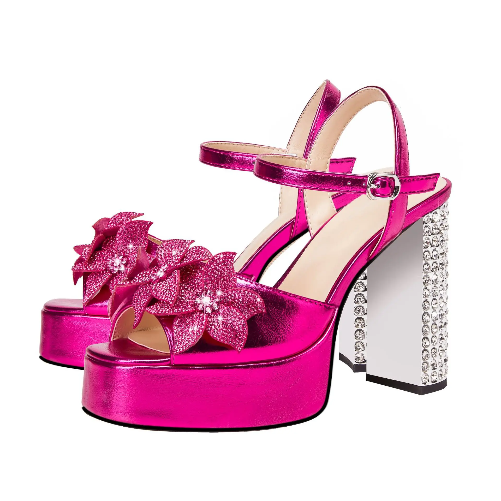 Headed Water Diamond Flower One line with Thick Bottom Waterproof Platform Thick Heel Ultra High Heel Large Size Women's Sandals