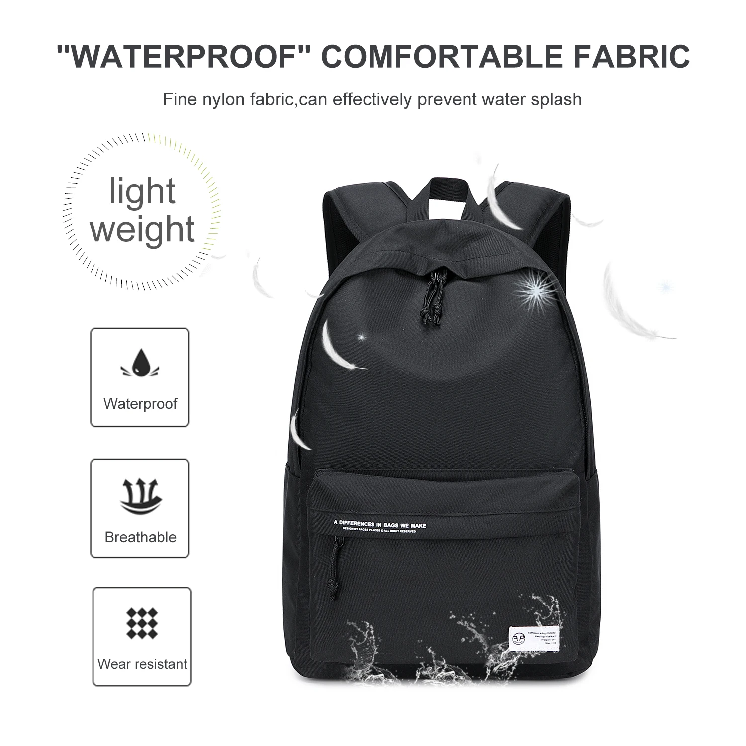 Large Capacity School Backpack for Girls Boys Nylon Lightweight Student Backpack School Bag, Black Classic Style Laptop Backpack