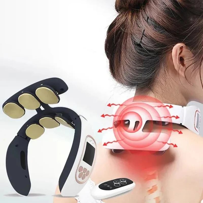 Portable 6 Heads Smart Electric Neck Back Pulse Massager  Cervical Relax Pain Electric Hot Compress Pulse Neck Care Instrument estherqueen neck hot compress pulse massager 5 massage modes 2 massage heads 16 intensities deep kneading and charging portable