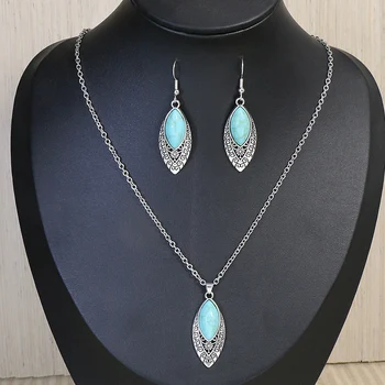 Vintage Blue European American Necklace Earrings Jewelry Sets Crystal Jewellery Sets For Women stone Necklaces & Pendants gift