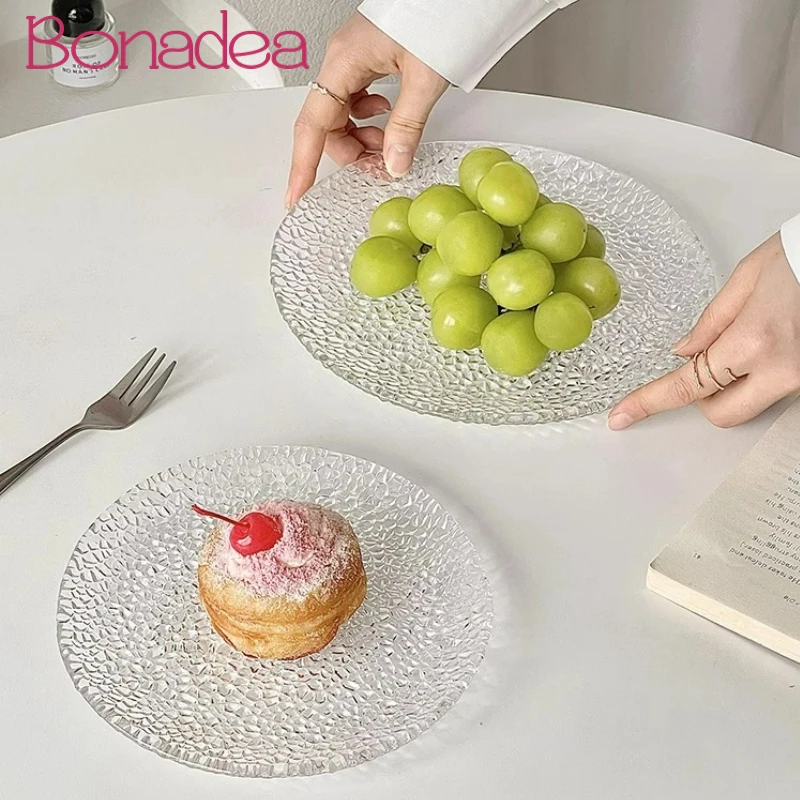 Creative Round Shaped Glass Plates Transparent Engraved Salad Fruit Plate High-looking Dessert Plate Kitchen Accessories