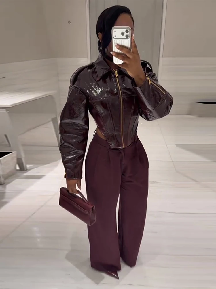 Faux Leder Stehkragen Abgeschnitten Jacke Frauen Straße Lange Sleeve Zipper Asymmetrische Herbst 2025, Mäntel Mode Damen Oberbekleidung – Detail 29