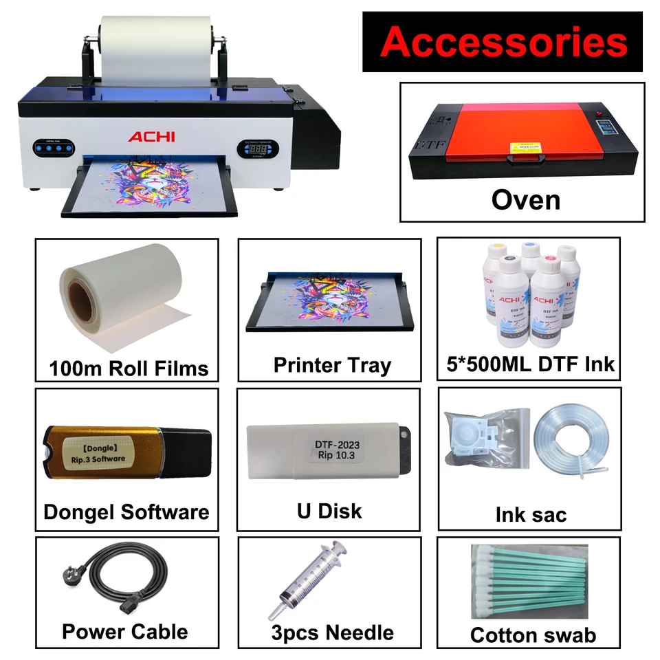 ACHI DTF 전송 프린터, A3 DTF 프린터, 티셔츠 인쇄기, 의류, 후드, 청바지, 섬유, EU, 미국 주식