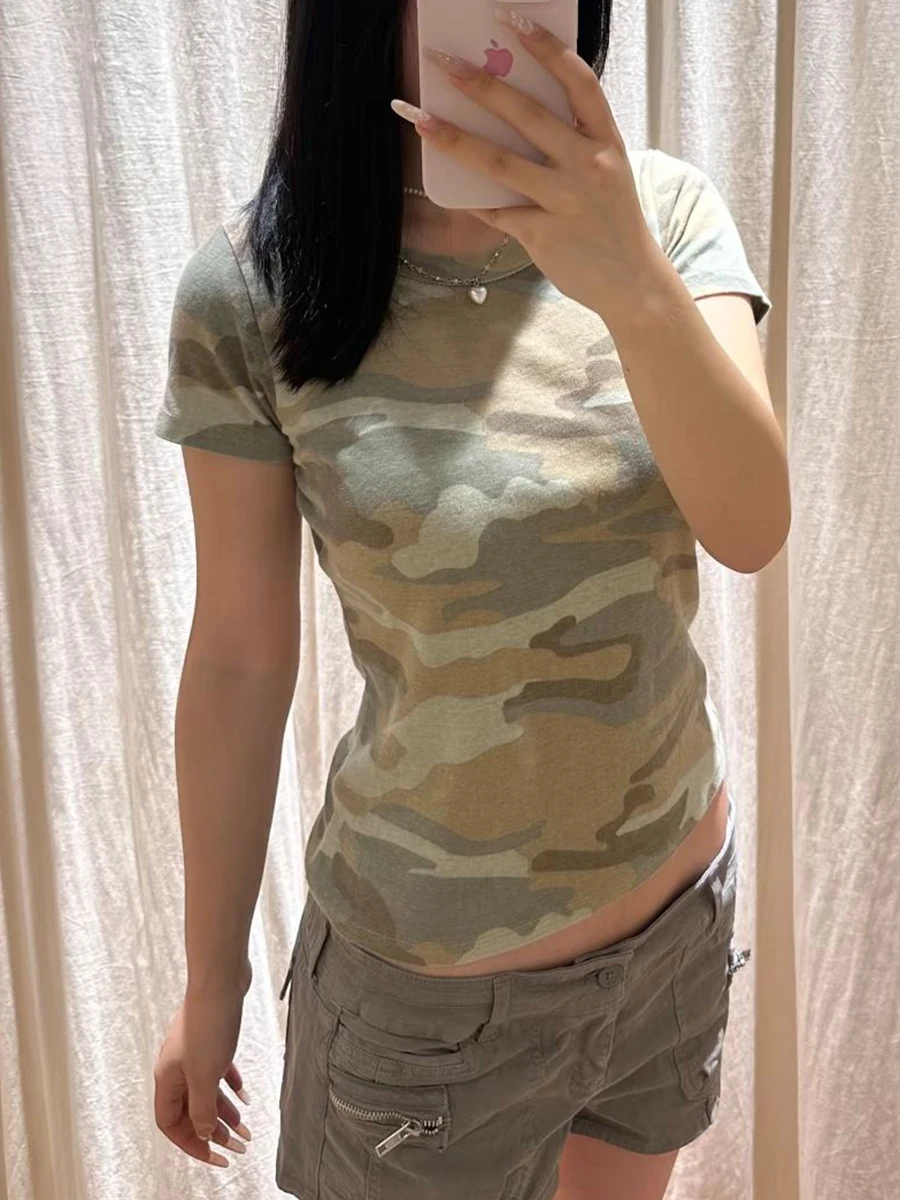 รูปสินค้า เสื้อผ้าฝ้ายลายพราง วินเทจ Y2K เข้ารูป