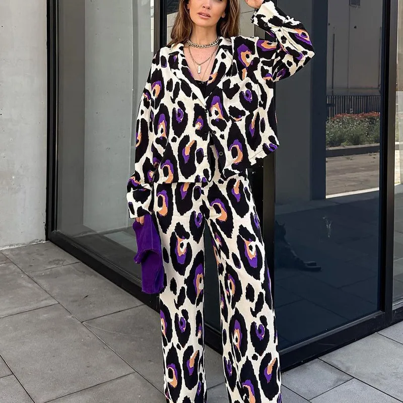 

2024 Autumn New Fashion Women's Trouser Suit Print Wide Leg Pants Home Wear Two Piece Set for Women Buttons Shirts Top Pantsuit