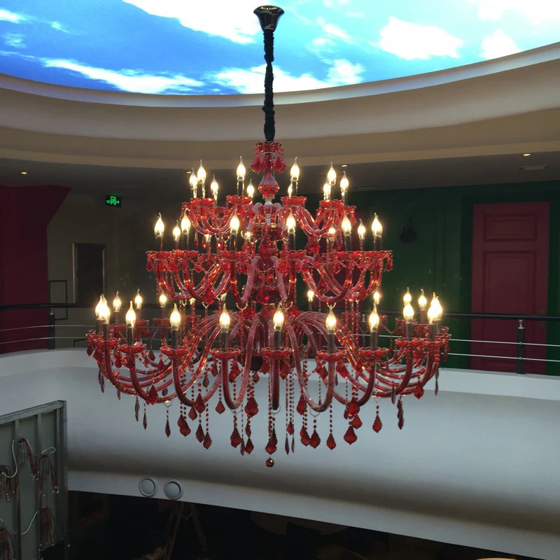 

European Red LED Chandelier Atmosphere Hotel Banquet Hall Crystal Chandelier Lighting Villa Living Room Restaurant Pendant Lamps