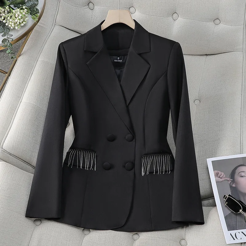 ZJYT Office Lady Blazer Women 2024 Spring Autumn Long Sleeve Jacket Coat Casual Daily Beading Tassel Veste Femme Plus Size Tops