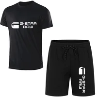 2024 Summer G-STAR RAW Print Men's T-shirts Shorts Set Suit Fashion Leisure Breath Sport Jogging Gym 2pcs Short Sleeve 1