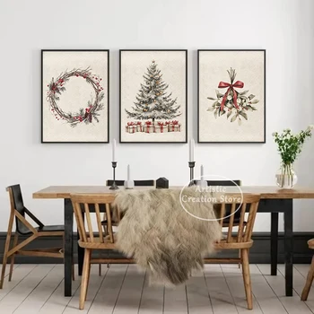 Vintage Merry Christmas Tree Holly Mistletoe Sketch Xmas Present Nordic Poster Canvas Painting Wall Pictures Home Interior Decor