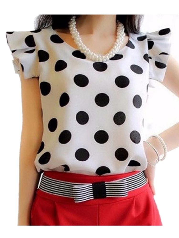 CHSDCSI Summer Shirts Black White Tops Polka Dot Women Chiffon Blouse Ruffled Short-sleeve Shirt Female