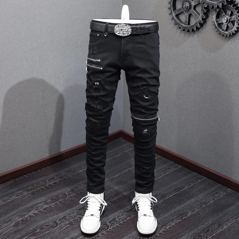 Street Fashion Men Jeans Black Stretch Skinny Punk Trousers Elastic Ripped Jeans Men Zipper Designer Hip Hop Denim Pants Hombre fashion patchwork jeans men ripped skinny stretch high quality biker denim pencil pants slim hip hop trousers clothing 2021