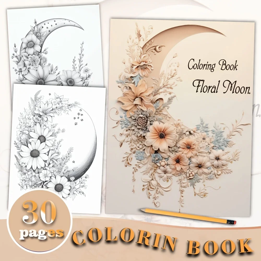 ספר צביעה משודרג עם 32 עמודים למבוגרים - עיצוב פרחים וירח - 8.3X 11.7 אינץ' |     מתנה אידיאלית להרפיה |     בחירת מתנה נהדרת ליומולדת, יום האם, יום האהבה, הלווין, חג המולד וחגים אחרים