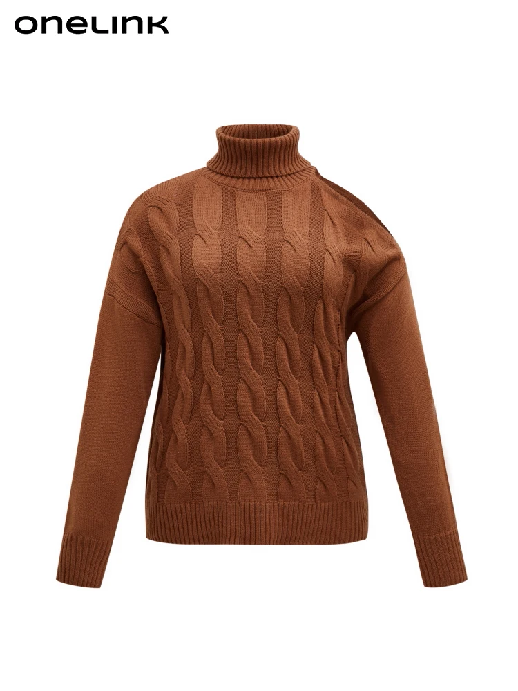 onelink-turtleneck-knitted-plus-size-women-autumn-winter-pullover-sweater-asymmetrical-hollow-out-shoulder-cable-pattern-tops