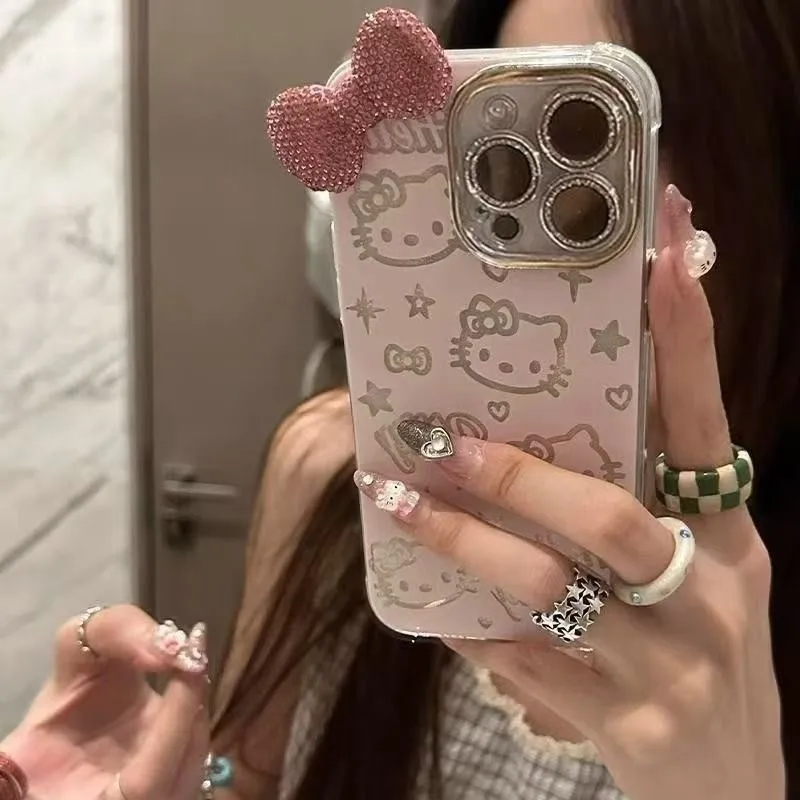 Rhinestone Imitation Feather Sanrio Hello Kitty Case for iPhone 17 16 13 12 11 15 Pro Max 15 14 Plus XS X 16E 17E Silicone Cover 4