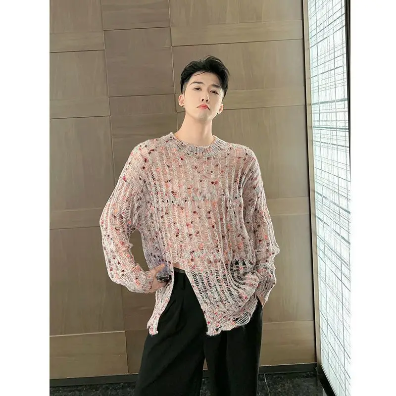 

Summer Hem Split Slit Long Sleeve Men O Neck T Shirt Fashion Personality Thin Hollow Out Sun Protection Blouse 2xl Oversized Top