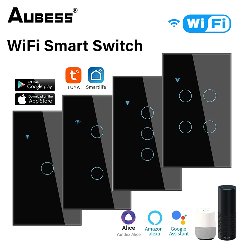 

Умный сенсорный выключатель Tuya US, настенный переключатель с Wi-Fi, 1/2/3/4 клавиши, с нейтральным проводом, поддержка Alexa, Google Home, Alice