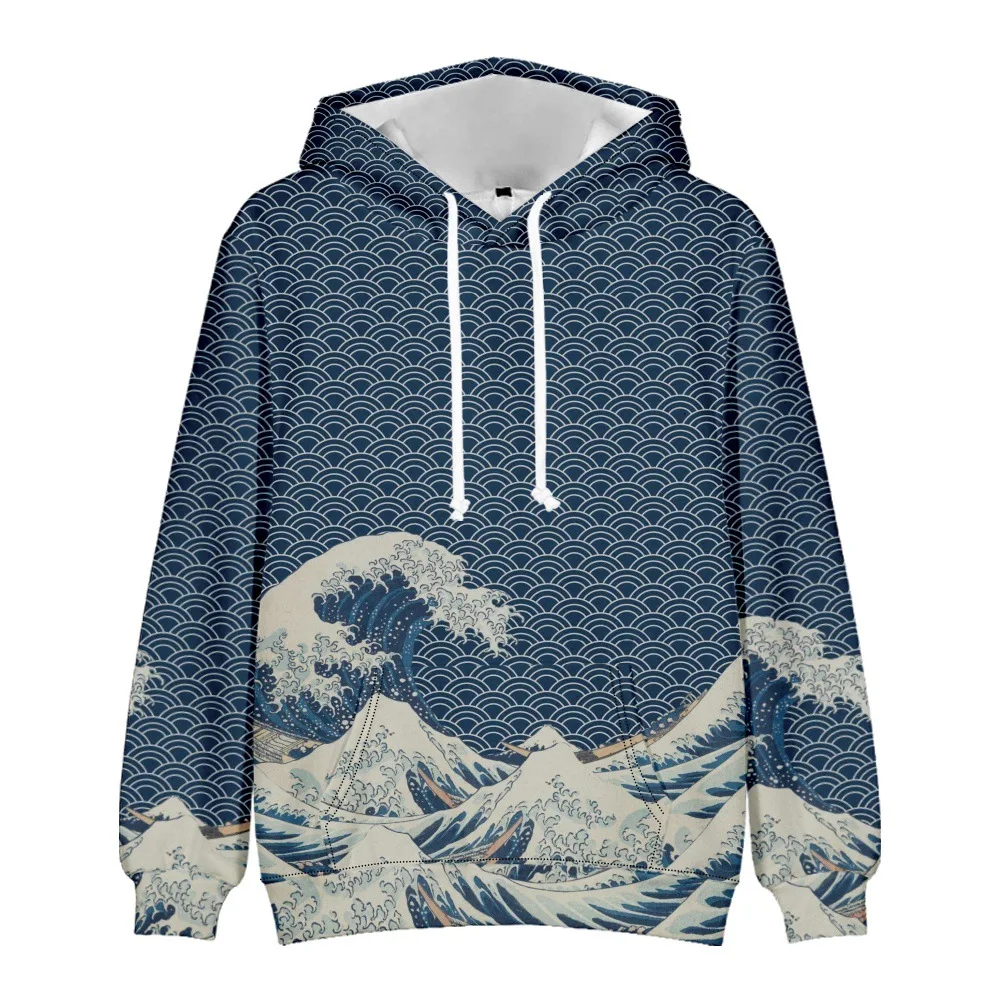 남녀공용 만화 웨이브 프린트 풀오버 후드, 긴 소매 하라주쿠 스트리트웨어 맨투맨, 3D 패션 캐주얼 일본 커플 
