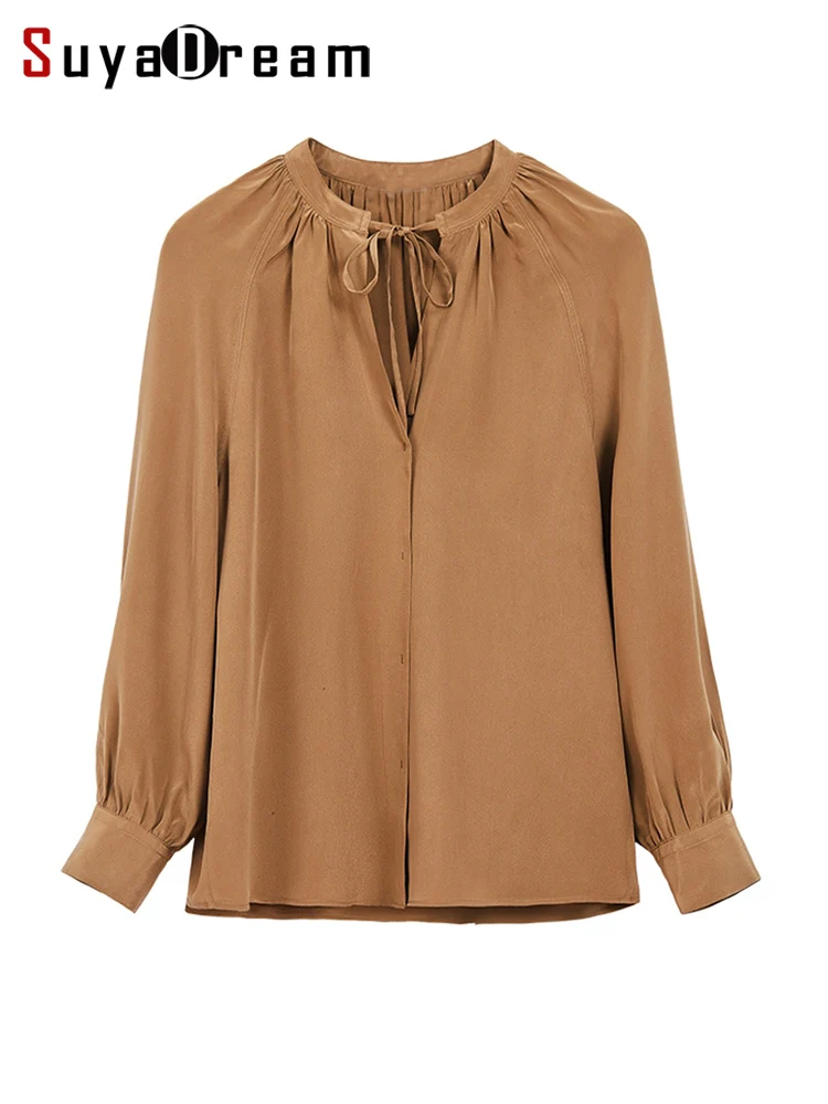 

SuyaDream, женские шелковые блузки, 100% шелк, креп, с длинными рукавами, с круглым вырезом, однотонные рубашки, 2022, весна-осень, свободные блузки