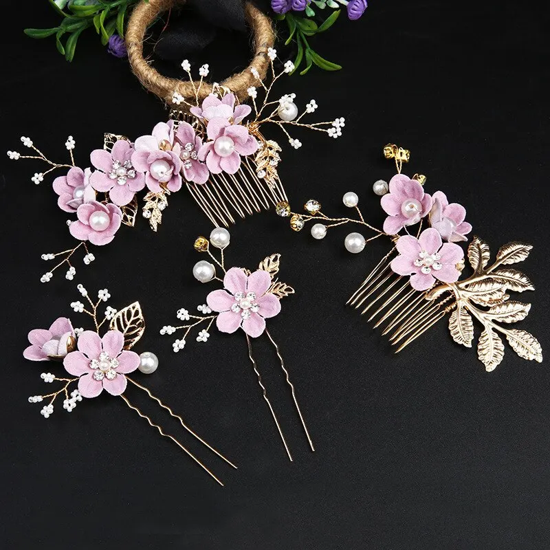 Bridal Hair Accessories European Gold Leaf Plate Handmade 4-piece Set Bride Crown Flowers Comb