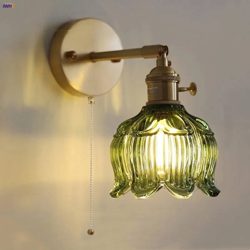 IWHD Copper Rotate LED Wall Light Fixtures Pull Chain Switch Foyer Bedroom Aisle Nordic Modern Flower Glass Bedside Lamp Sconce