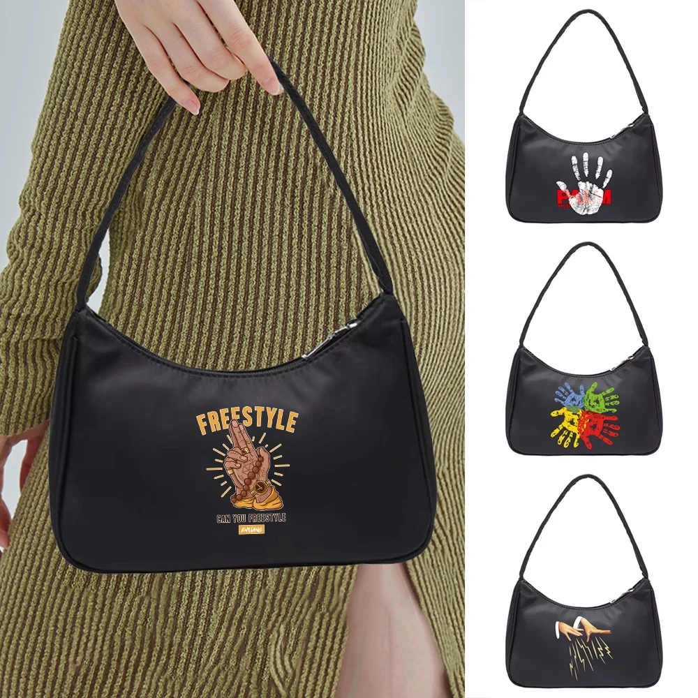 Fashion Women Small Shoulder Underarm Bag Ladies Zipper Mini Shoulder Shopping Purse Hand Print Handbag Ladies Black Tote Clutch