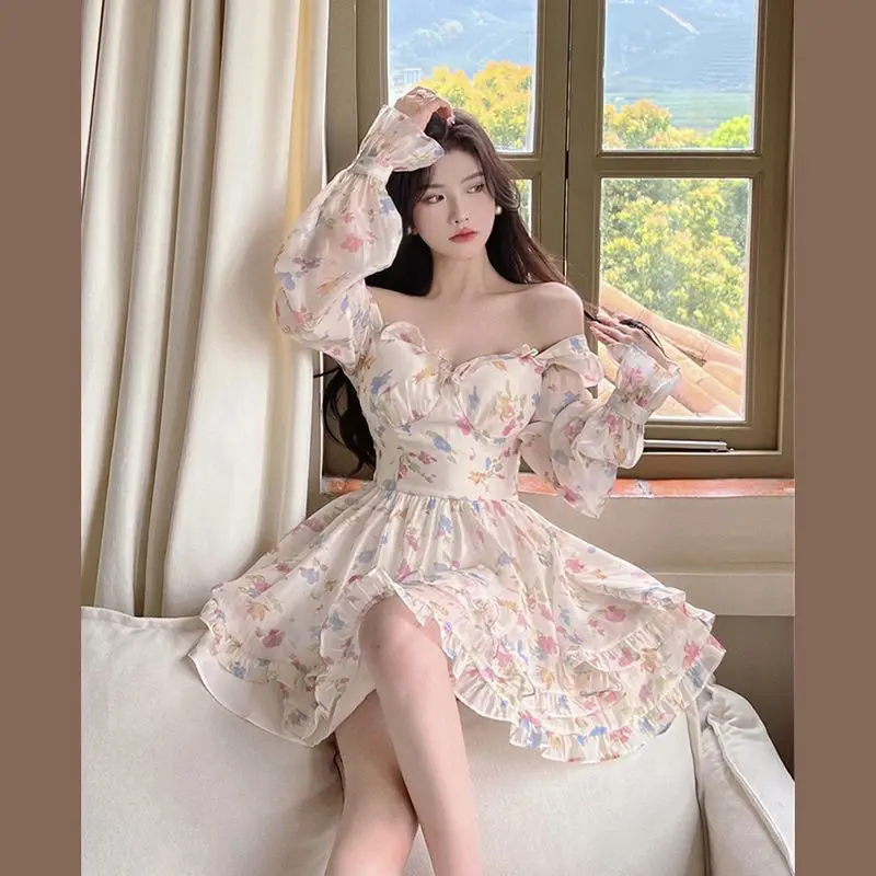여성용 브이넥 플로럴 시폰 원피스, 우아한 긴 소매 프릴 파티 미니 드레스, 한국 시크 슬림 베스티도, 가을 