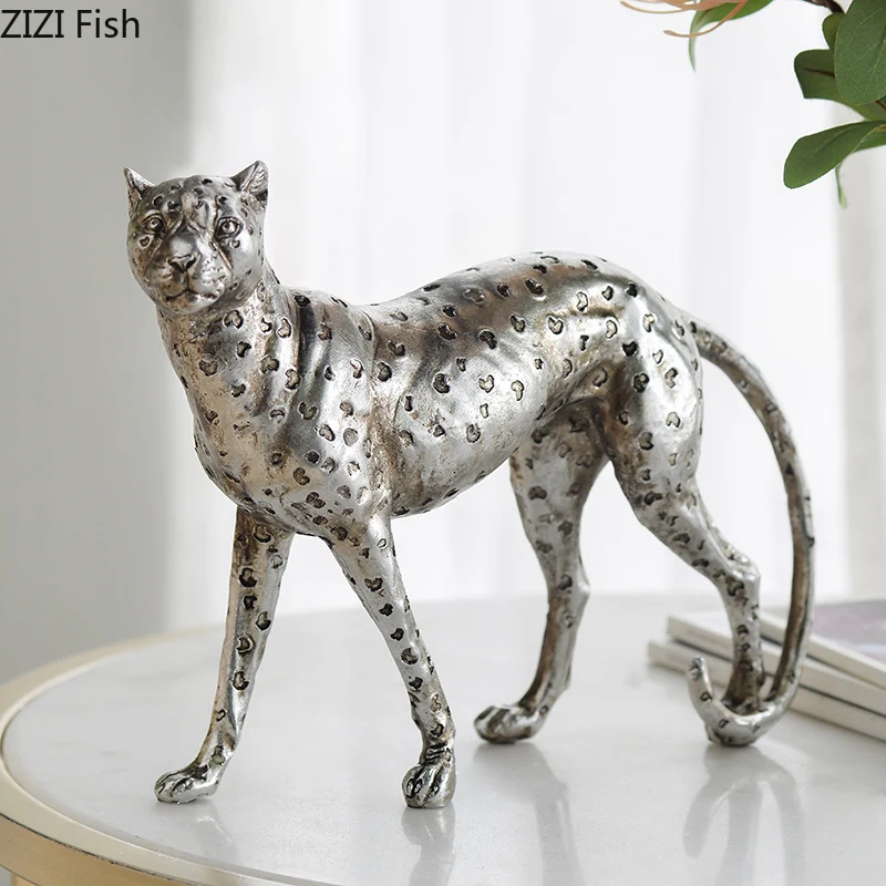 Silver Leopard Creative Artwork Animal Resin Sculpture Desk