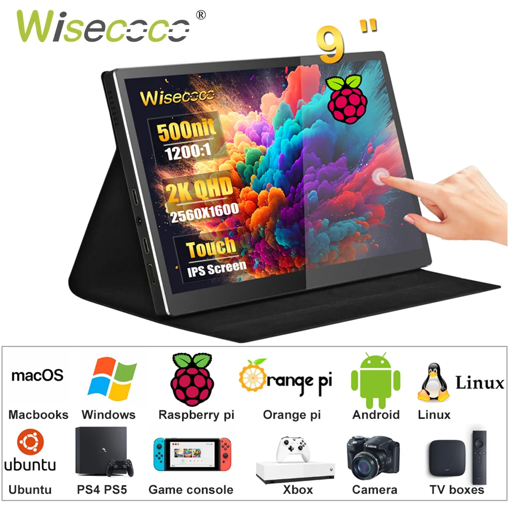 

Wisecoco 9 Inch 2K Portable Touch Monitor Compatible Raspberry pi Mac Windows Laptops Secondary Monitor USB-C Full Function