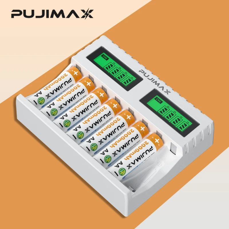 Smart battery charger PUJIMAX 8 slots smart battery charger for 1.2V AA/AAA Ni-MH rechargeable batteries independent charging battery charger